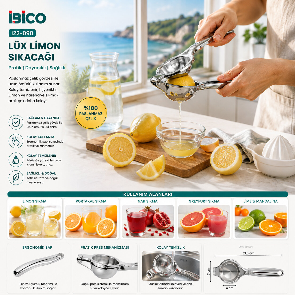 Lüx Çelik Limon Sıkacak Pres Modeli