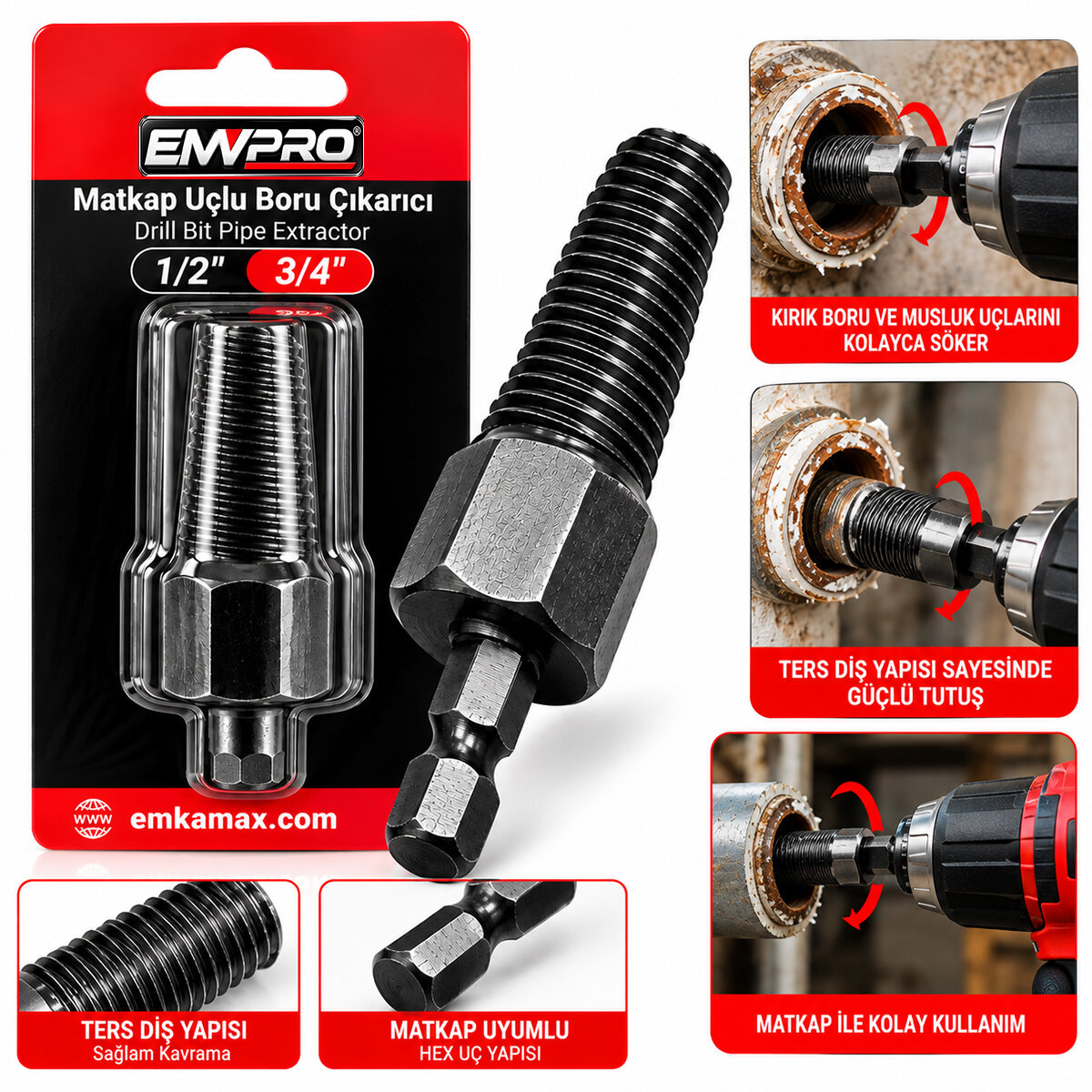 Matkap Uçlu Boru Çıkarıcı 1/2 Inc -3/4 Inc