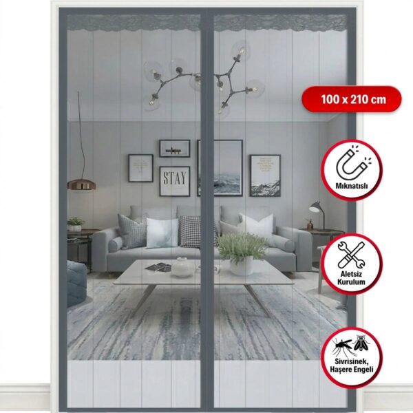 Mıknatıslı Kapı Sinekliği Gri 100x210 cm Otomatik Kapanan Manyetik Tül Sineklik