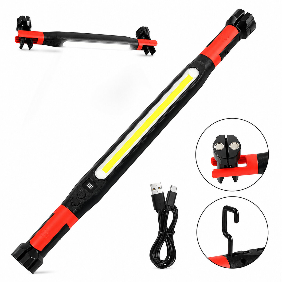 Mıknatıslı Type-C Şarj - Dijital Gösterge 360° Dönebilen Gövde - Askı Kanca - Çift Renk - 52.5 cm El Fener - Işıldak Çok Amaçlı LED Çalışma Lambası 4 Fonksiyon Renkli Kl-D95