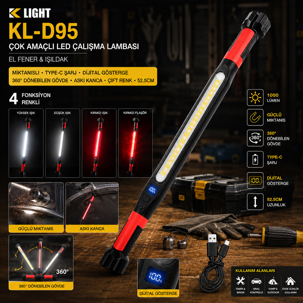 Mıknatıslı Type-C Şarj - Dijital Gösterge 360° Dönebilen Gövde - Askı Kanca - Çift Renk - 52.5 cm El Fener - Işıldak Çok Amaçlı LED Çalışma Lambası 4 Fonksiyon Renkli Kl-D95