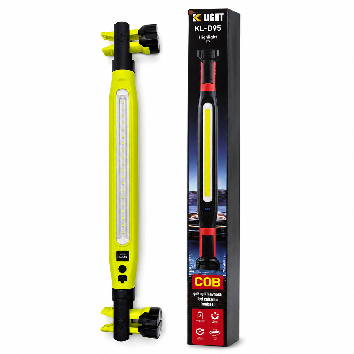 Mıknatıslı Type-C Şarj - Dijital Gösterge 360° Dönebilen Gövde - Askı Kanca - Çift Renk - 52.5 cm El Fener - Işıldak Çok Amaçlı LED Çalışma Lambası 4 Fonksiyon Renkli Kl-D95