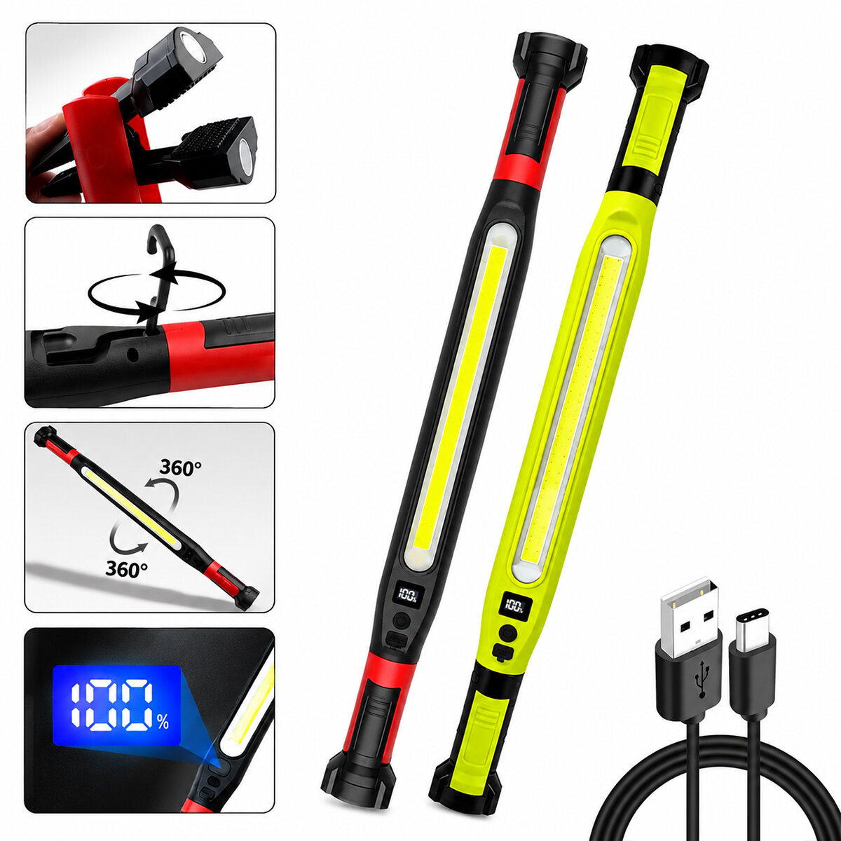 Mıknatıslı Type-C Şarj - Dijital Gösterge 360° Dönebilen Gövde - Askı Kanca - Çift Renk - 52.5 cm El Fener - Işıldak Çok Amaçlı LED Çalışma Lambası 4 Fonksiyon Renkli Kl-D95
