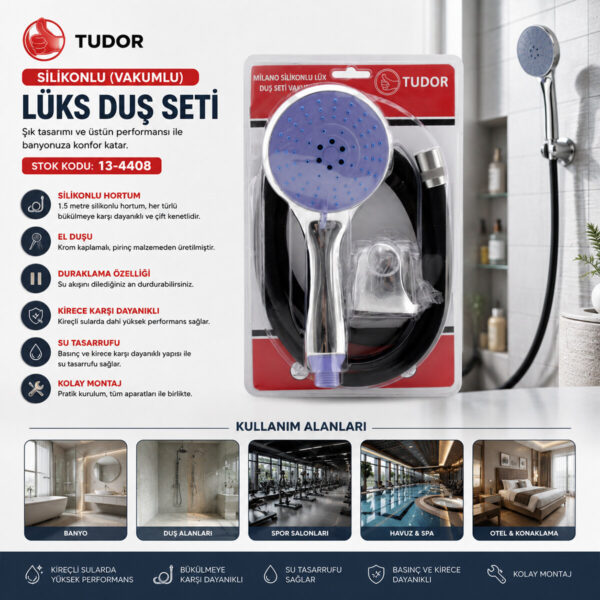 Milano Vakumlu - Silikon Lüks Duş Seti Duş Başlık - Mix Silikon Hortum - 1.5 m Mafsal - 3 Kademe