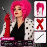 Neon Bukleli Pembe Peruk Uzun Kumaş Kırmızı Eldiven ve Sigara Tutucu Seti (3 Parça)