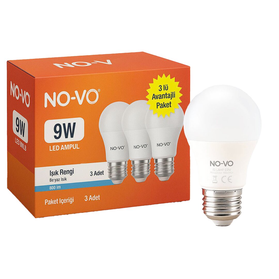 No-Vo 3lü Avantaj Paket 9 W Beyaz LED Ampul E27 806lm 6500k 15.000 Saat Ömür