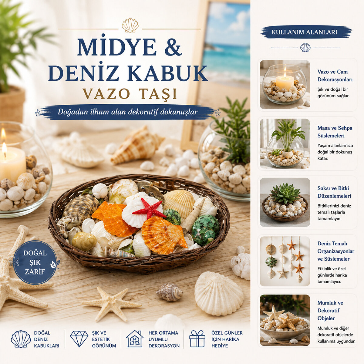 Oval Ahşap Sepet Renkli Mix Midye - Deniz Kabuk Vazo Taşı