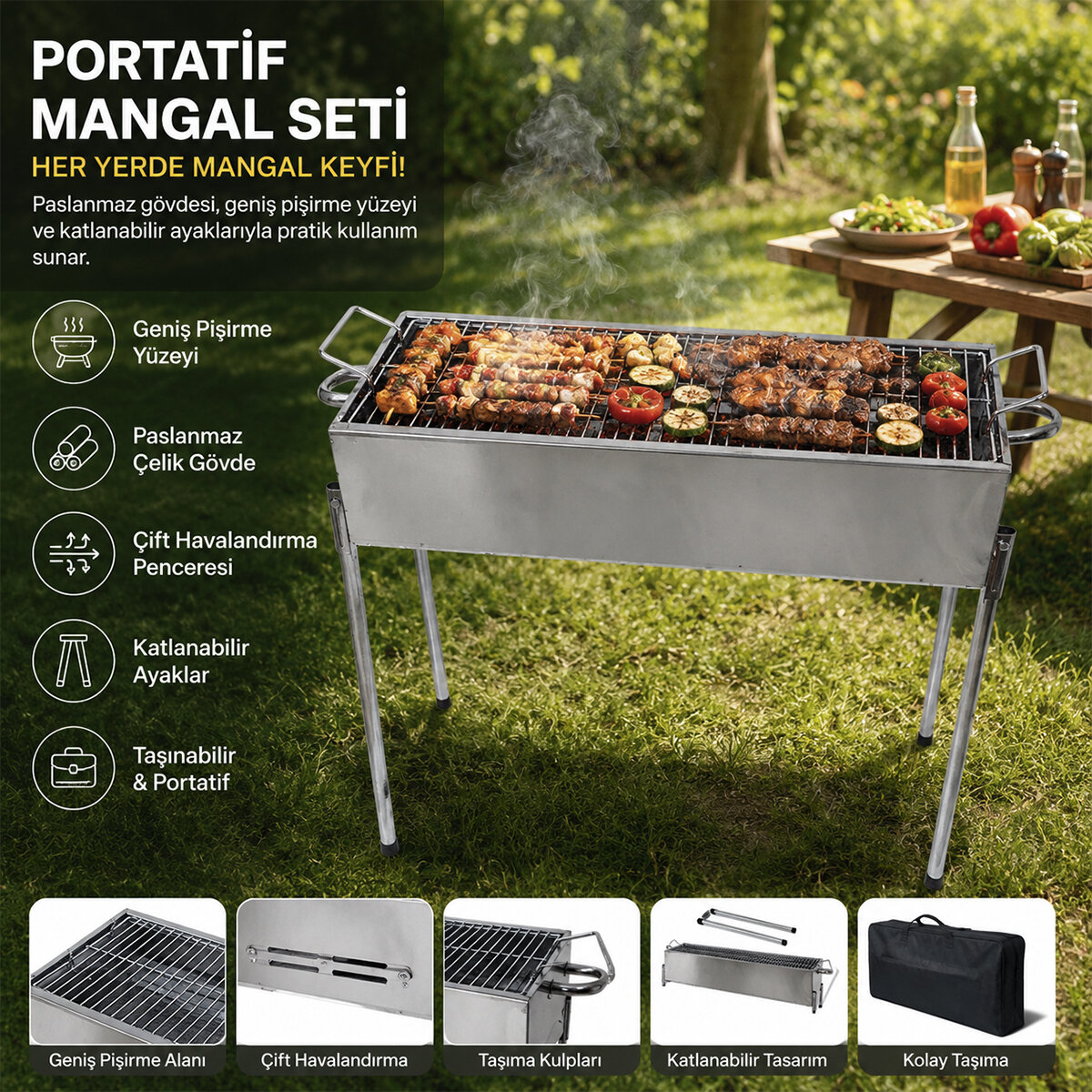 Paslanmaz Mangal Portatif Ayaklı - Standlı 70 cm