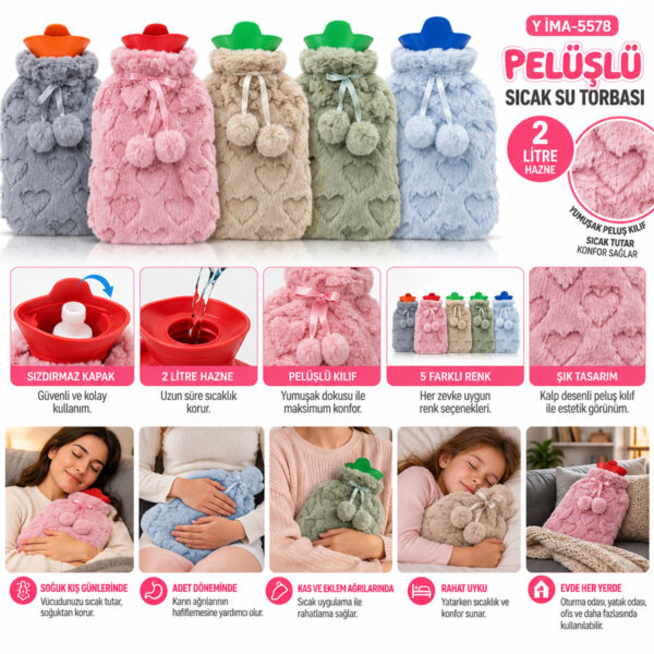 Peluşlu Sıcak Su Torbası Renkli 2 lt - Herhangi Bir Renk Gönderilir