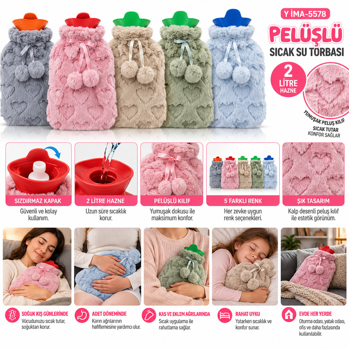 Peluşlu Sıcak Su Torbası Renkli 2 lt - Herhangi Bir Renk Gönderilir