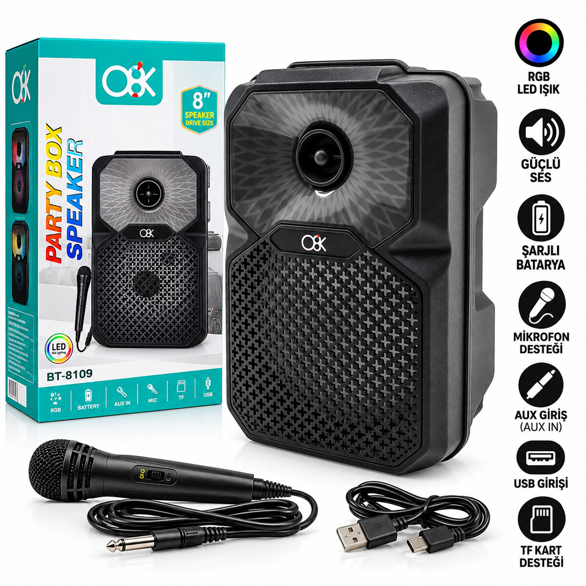 Pl-4805 Karaoke Mikrofonlu Speaker Hoparlör BT - SD - USB Sarjlı RGB Işıklı DC 5 V - AUX 8 Inc BT-8109
