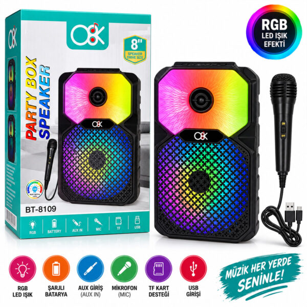 Pl-4805 Karaoke Mikrofonlu Speaker Hoparlör BT - SD - USB Sarjlı RGB Işıklı DC 5 V - AUX 8 Inc BT-8109