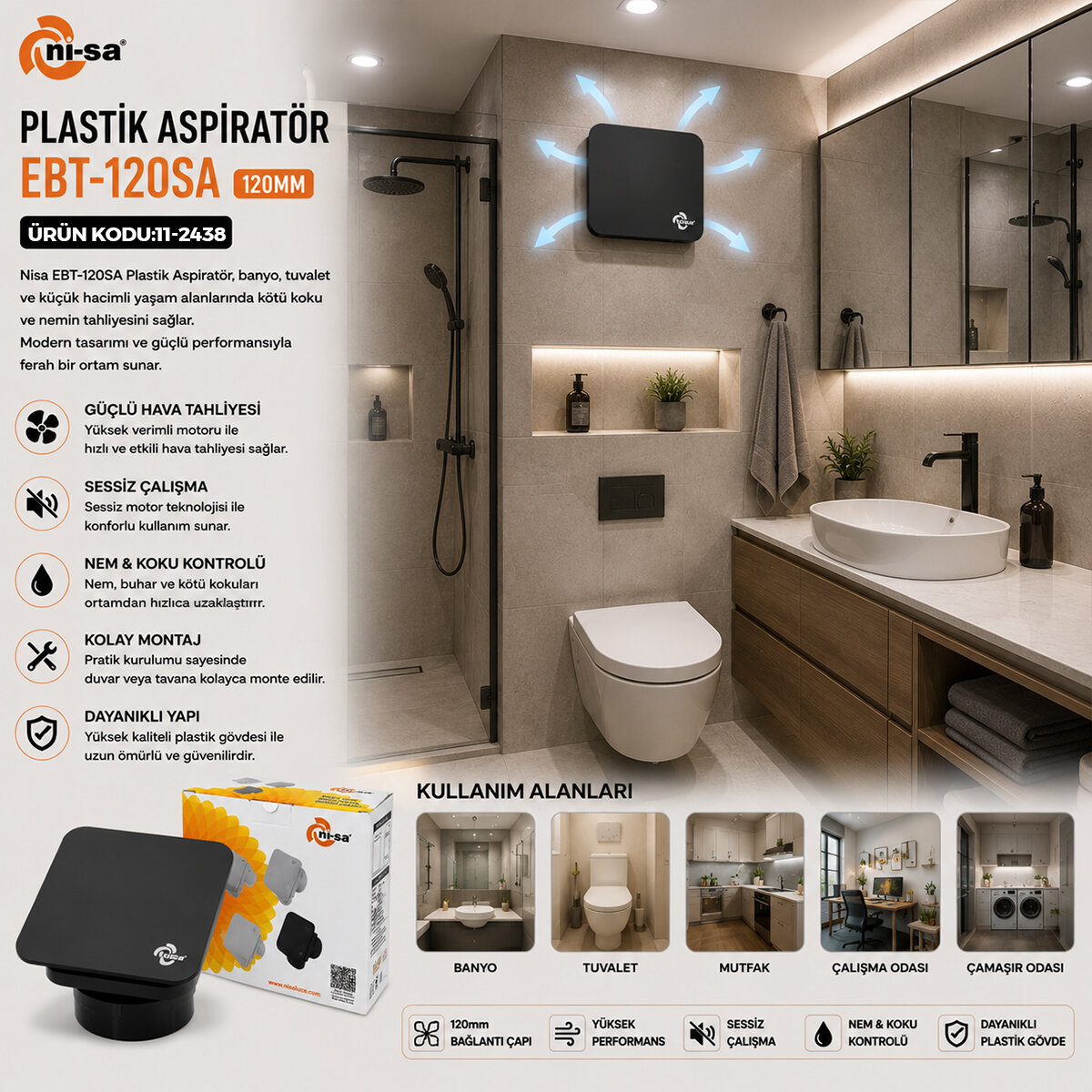 Plastik Aspiratör 120 Antrasit Banyo Tuvalet Havalandırma Aspiratörü 16 W 1900rpm 180m3/H Ebt-120sa