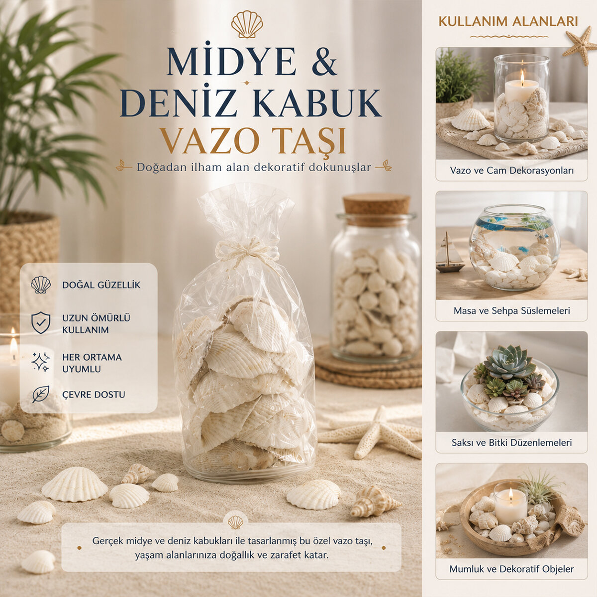 Poşetli Renkli Mix Midye - Deniz Kabuk Vazo Taşı