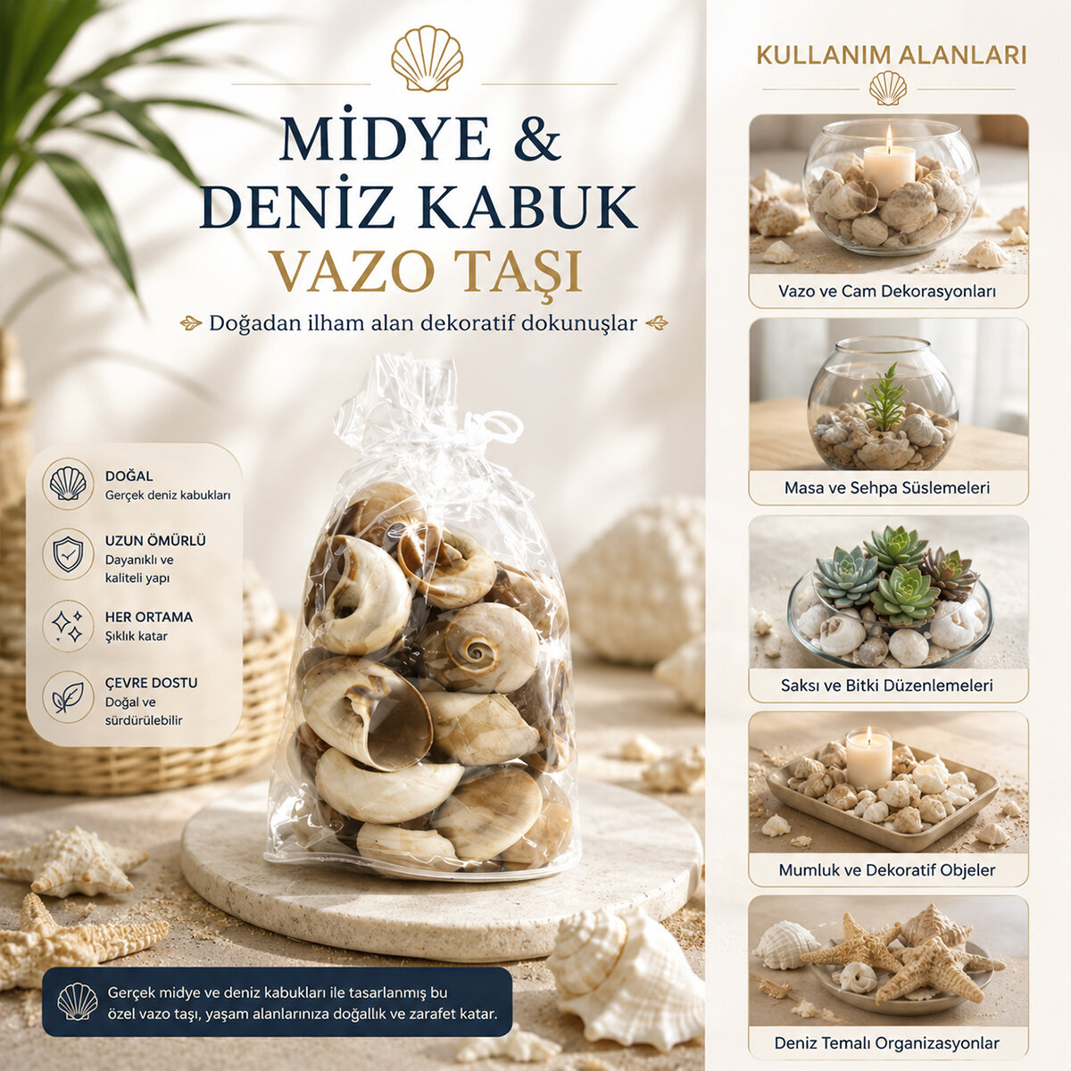 Poşetli Renkli Mix Midye - Deniz Kabuk Vazo Taşı