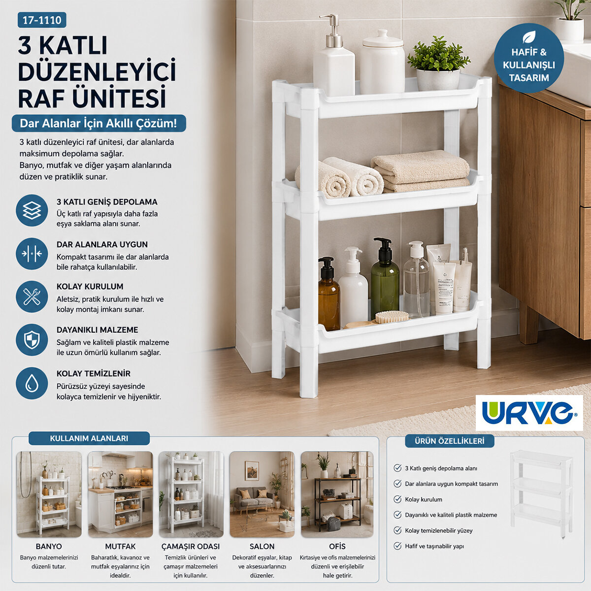 Rafty 3 Katlı Sepet Organizer Düzenleyici Raf Ünitesi 465x145x500mm