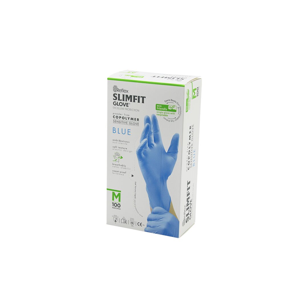 Reflex Slimfit Glove Kod-026 M Mavi Pudrasız Muayene Eldiven 100lü