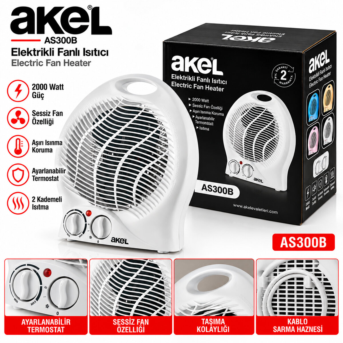 Sıcak - Soğuk Elektrikli Fanlı Isıtıcı 2 Kademe Hız Ayar Hızlı Isıtma - Sessiz Fan 2000 W As-300b