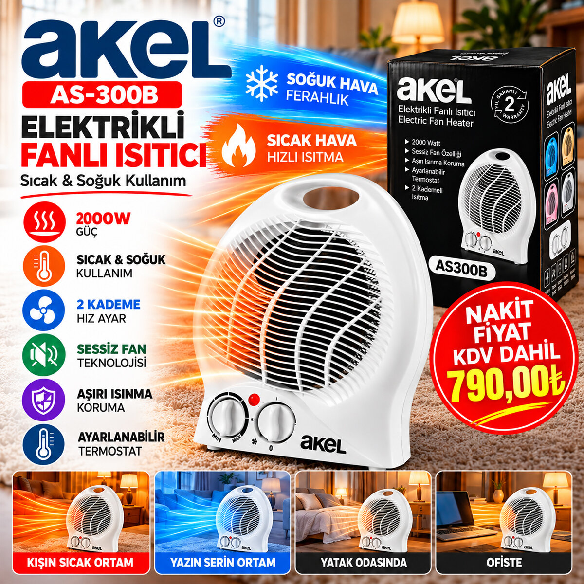 Sıcak - Soğuk Elektrikli Fanlı Isıtıcı 2 Kademe Hız Ayar Hızlı Isıtma - Sessiz Fan 2000 W As-300b