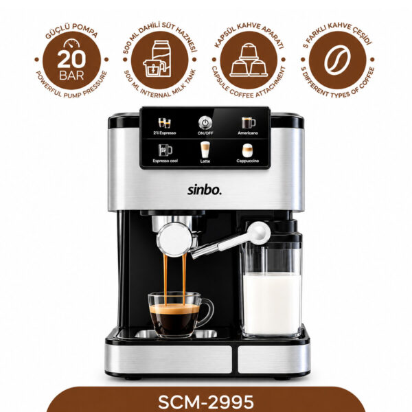 Siyah - Krom Espresso Kahve Makinesi 6 Farklı Kahve 1.5 lt Su Hazne - 500 ml Süt Hazne 1350 W Scm-2995