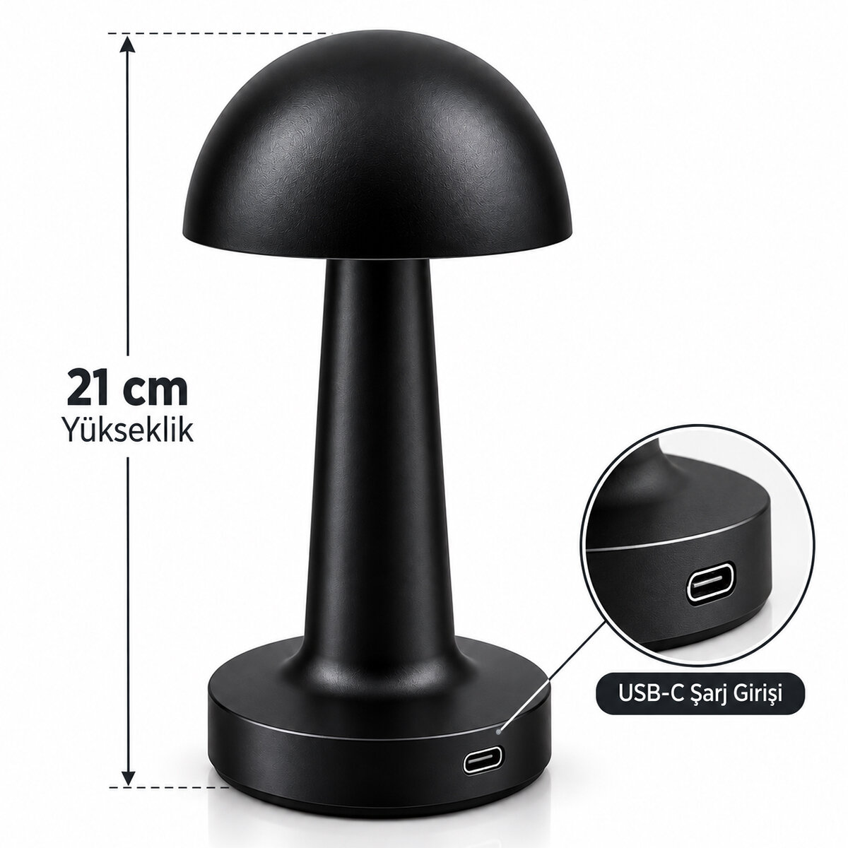 Siyah - Oval Dekoratif Masa Lambası Mantar Dokunmatik USB - Type-C Şarjlı 3 Fonksiyon Renkli İ10-028