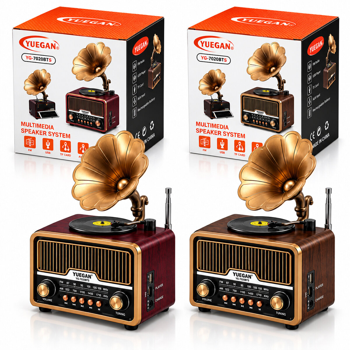Solar - İbreli Gramafon Radyo - Retro Am - Fm - Sw USB - Type-C Sarjlı BT - Tf - USB Speaker Yg-7020bts