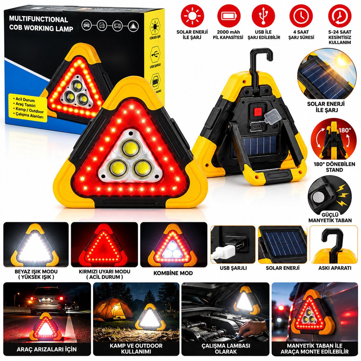 Solarlı - USB Şarjlı Araç Reflektörü