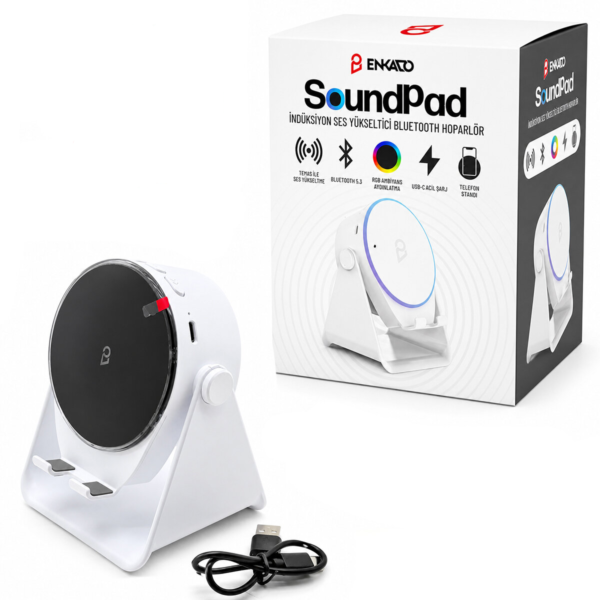 Soundpad 5ın1 - 5 W - 2000 mAh Temas ile Ses Yükseltme - Telefon Stand - USB-C Şarj Beyaz İndiksiyon Ses Yükseltici Bluetooth Hoparlör Speaker Ekd-S11