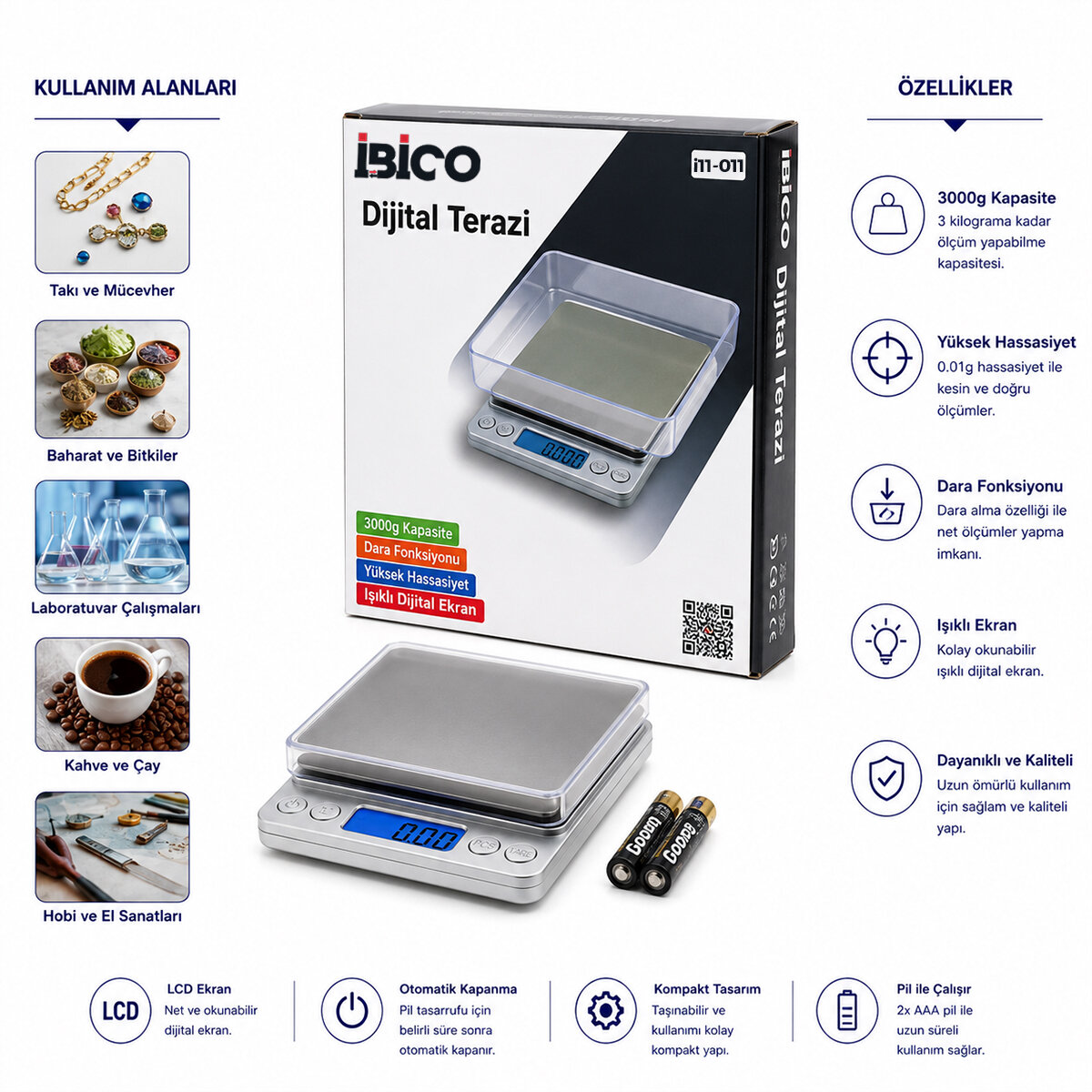 Superıor Mını I-2000 3000 gr/0.1 gr Mini - 10.5x13cm Hassas Tartı - Terazi Şeffaf Pls.kapak Pilli