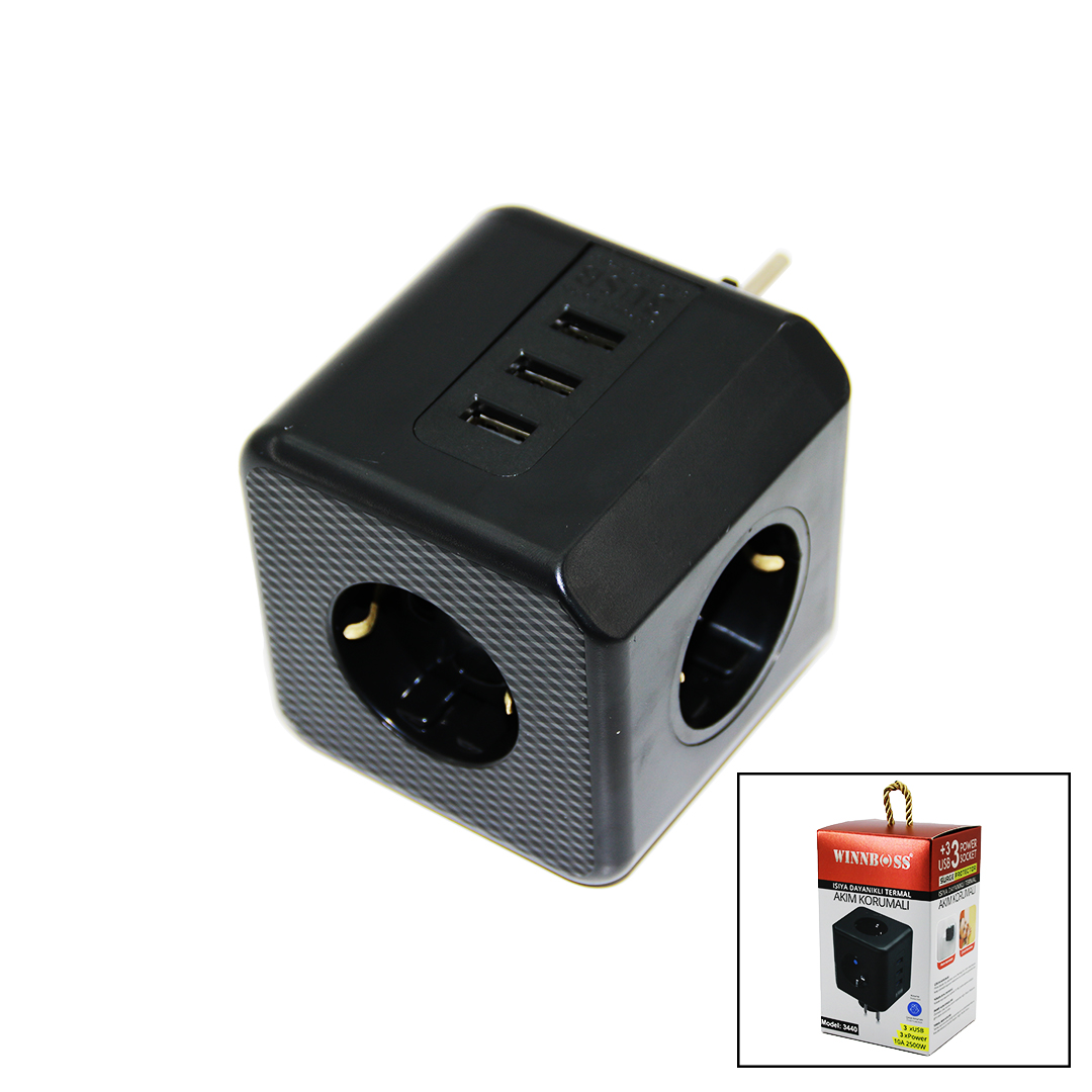 Termal Akım Korumalı 3x Priz 3x USB Duvar Tipi Priz Siyah 10a - 2500 W