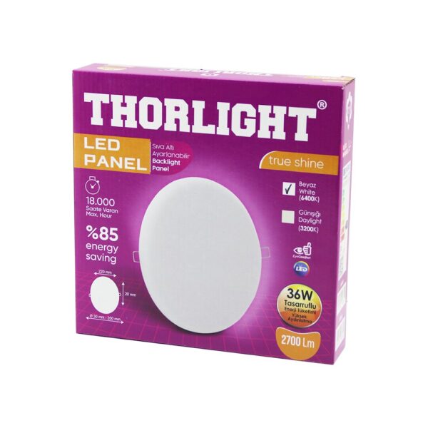 Thorlıght S-236 36 W 22 cm Beyaz LED Panel Sıva Altı Ayarlı Mandallı 6400k - 2700lm - 18000 Saat - 2835 Smd