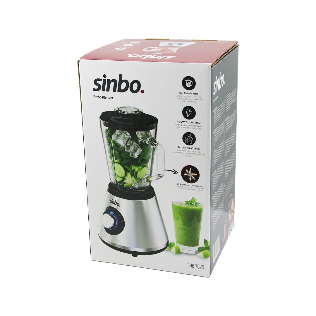 Turbo Doğrayıcı Blender Buz Kırıcı 6lı Bıçak - Paslanmaz Çelik - 1.5 lt Cam Hazne 2 Kademe Hız 400 W 18000 Devir/Dk Hazne - 1.6 lt Shb-7520