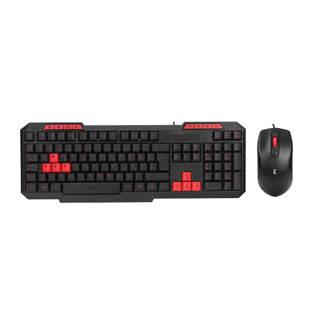 USB Kablolu Klavye - Mouse Set Kırmızı Tuşlu Q Klavye 1600dpı Mouse