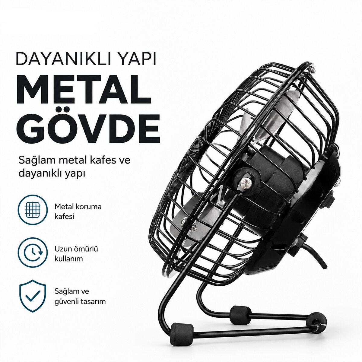 USB Şarjlı - Metal Gövde 14.5x7.5x15cm Mini Masaüstü Fan - Vantilatör Efn-482