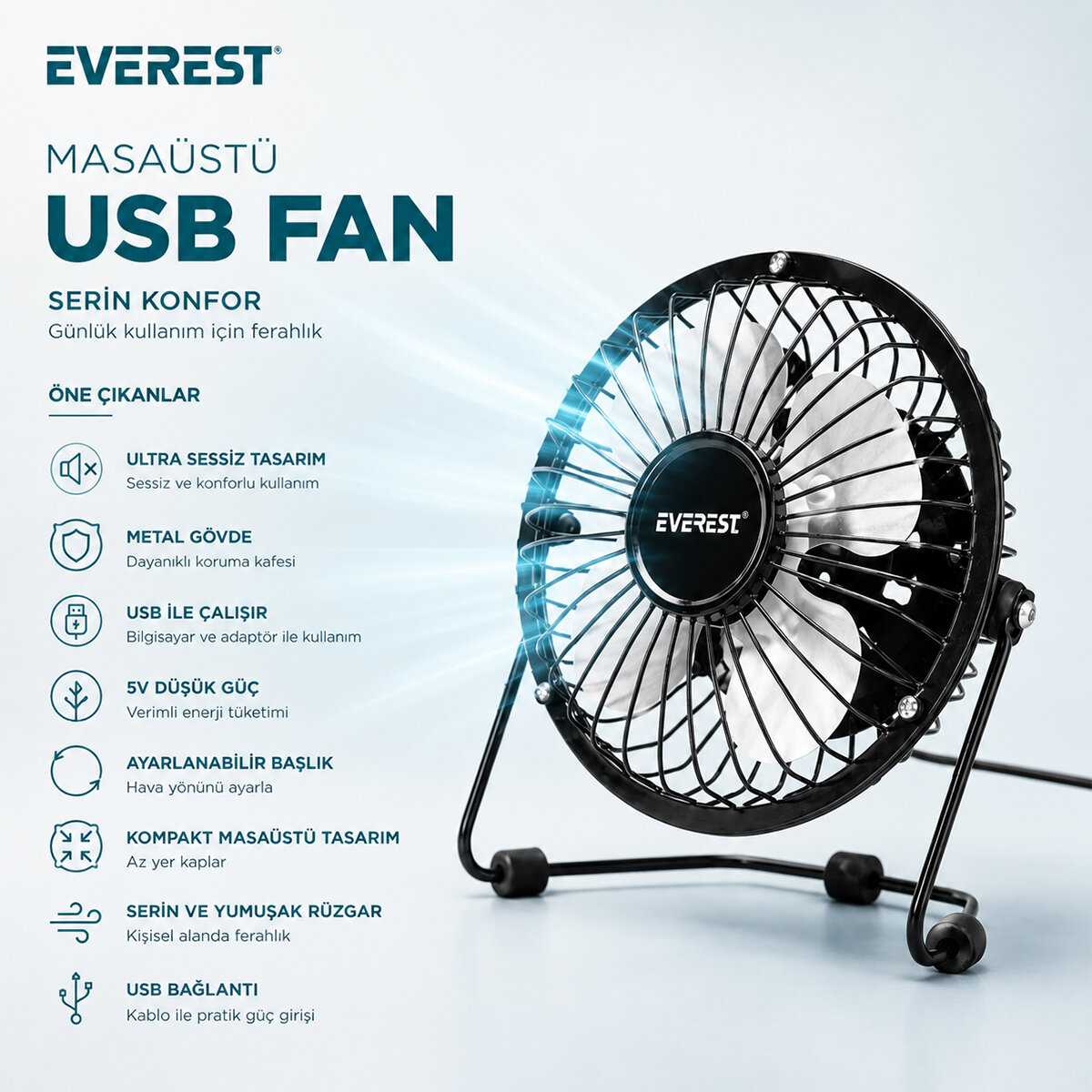 USB Şarjlı - Metal Gövde 14.5x7.5x15cm Mini Masaüstü Fan - Vantilatör Efn-482