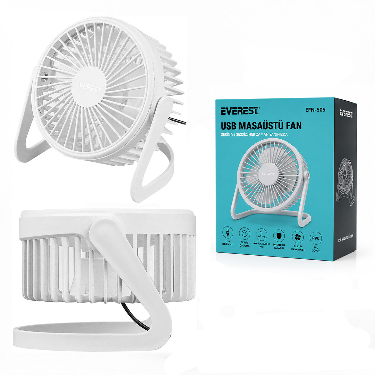 USB Şarjlı - PVC Gövde 14.5x14.1cm Masa Üstü Fan - Vantilatör Efn-505