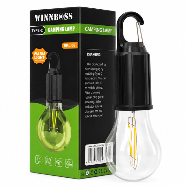 USB Şarjlı Seyyar Ampul Model - Rustik Kamp Lambası Mandallı Kanca Askılık 3-Kademe Işık Ekl-06 G-912