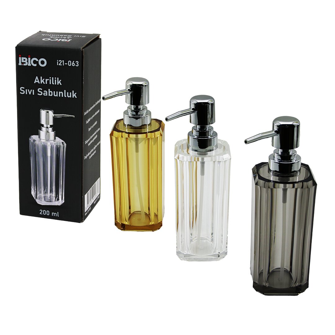 Uzun Kare Taban -Sekizgen Gövde Şeffaf - Renkli Akrilik - Mika Kristal Sıvı Sabunluk 200 ml