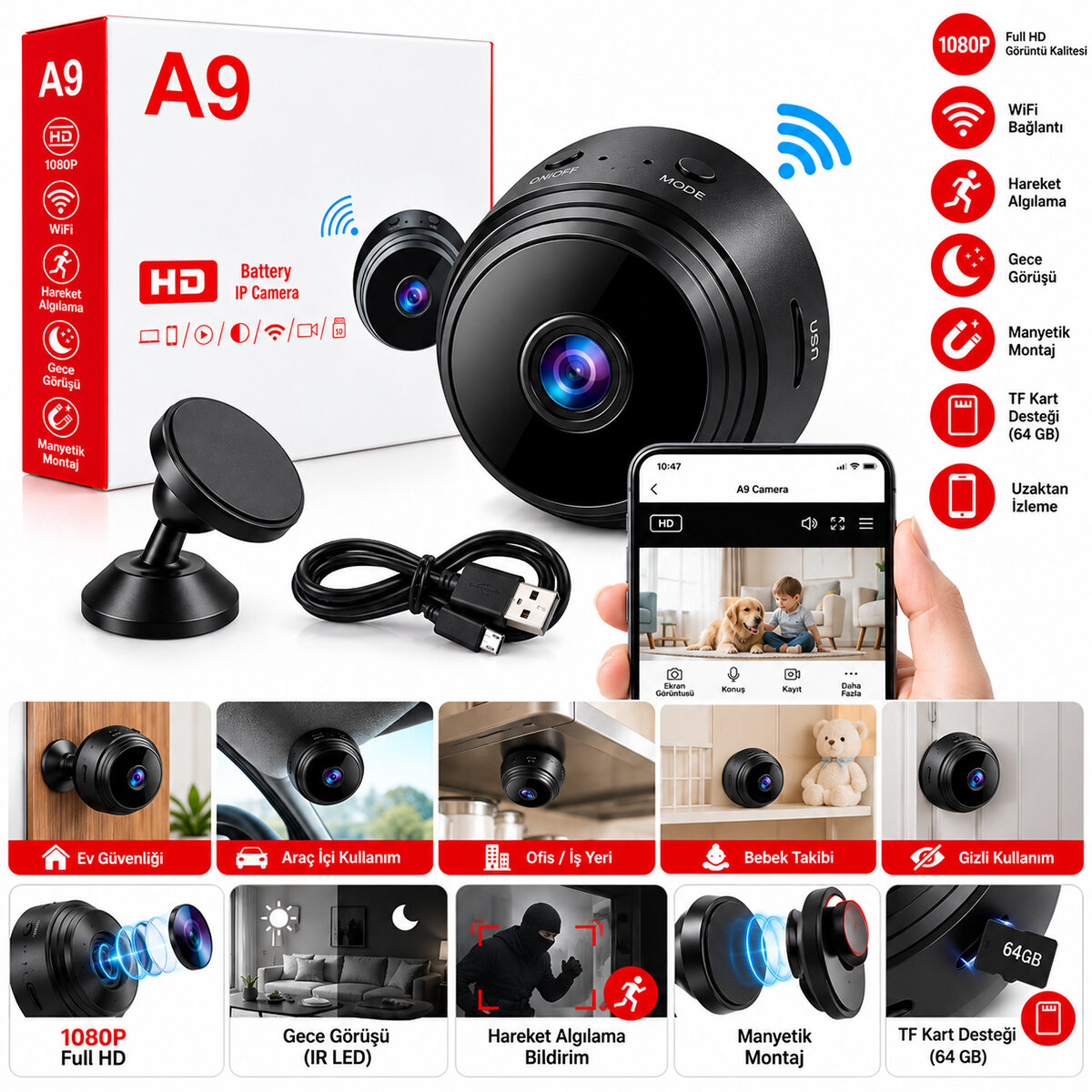 Wifi HD Mini Battery IP Kamera Uzaktan İzlenebilen 20fps-15fps A9