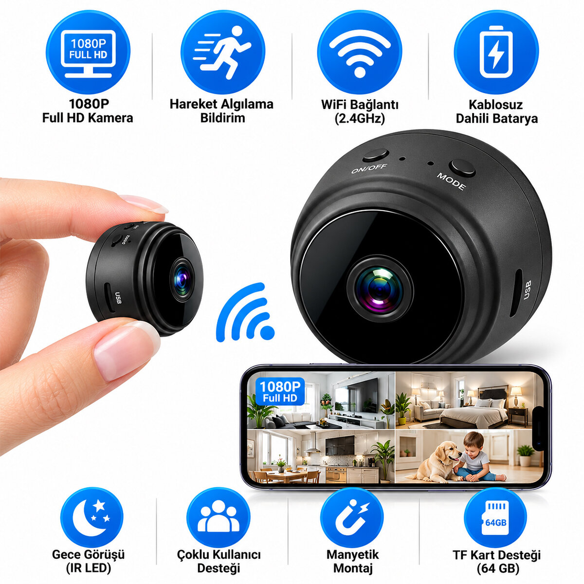 Wifi HD Mini Battery IP Kamera Uzaktan İzlenebilen 20fps-15fps A9