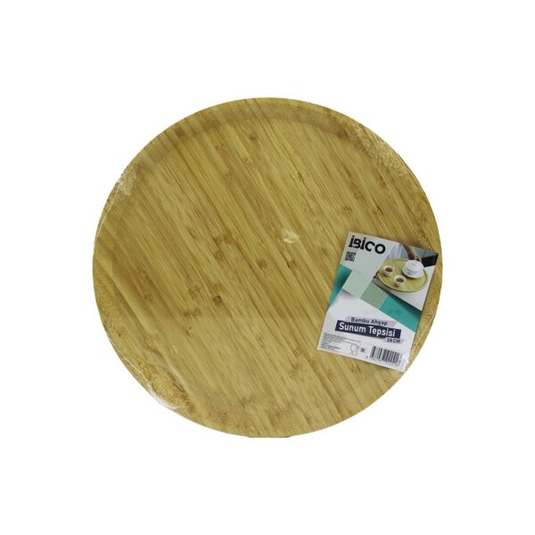 Yuvarlak - 38 cm Ahşap Bambu Servis Sunum Tepsi - Tahtası