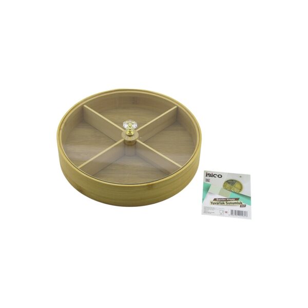 Yuvarlak 4 Bölmeli - 2ın1 - Bölmesiz Çok Amaçlı Kutu Ahşap Bambu Servis Sunum Tepsi - Tahtası 22 cm