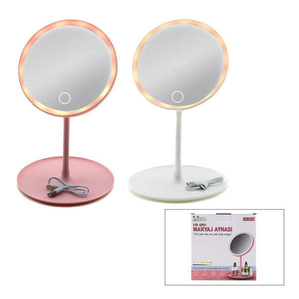 Yuvarlak 6.5 Inc Ledli - USB Şarjlı Makyaj Aynası 90° Açı Ayarlı Takılı Ayak Renkli Pls İ11-016