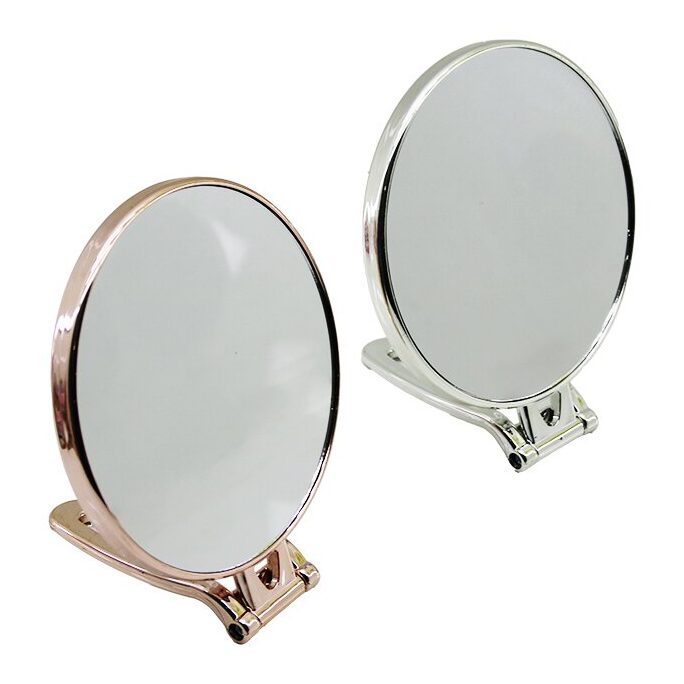 Yuvarlak 6 İnç - Çap:15cm Makyaj Aynası Çift Taraflı Bronz - Gümüş Pls.çerçeve Katlanır Ayaklı