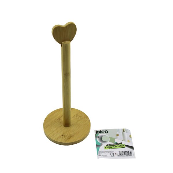 Yuvarlak Altlık - Çap - 12 cm Ahşap Bambu Kağıt Havluluk Kalp Başlı Sap - 28.5 cm