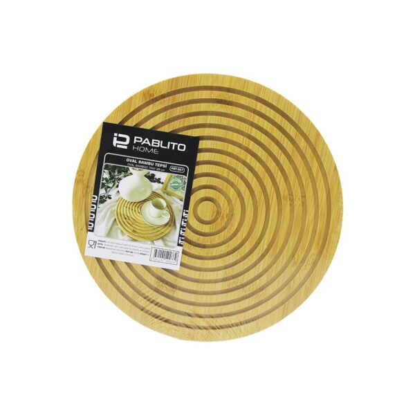 Yuvarlak Çift Taraflı - Düz - Dalgalı Oyuk Kanallı Ahşap Bambu Sunum Tepsi 28 cm